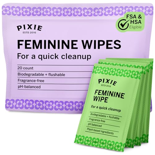 Image of Pixie Feminine Wipes - Flushable, Biodegradable, & Ph Balanced - Individually Wrapped Packet Wipes for On The Go & Public Bathrooms - Wash & Cleaner For Your Menstrual Cups & Discs (1 Pack of 20)