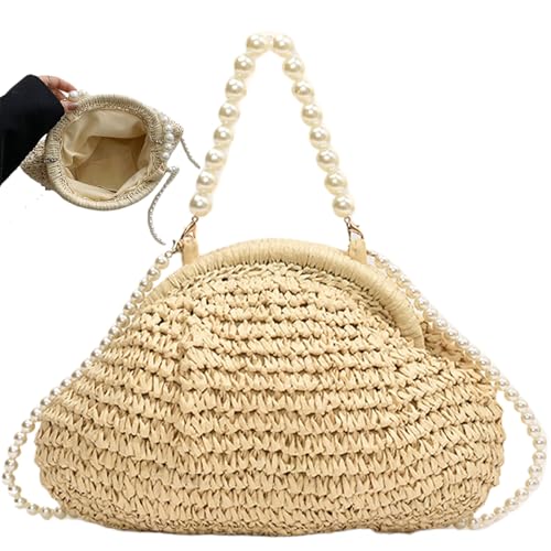 Straw Purse Cloud Dumpling Bag Elegant Woven Purse with Pearl Handle and Shoulder Strap Handbag Crossbody Bags for Women Summer Beach Travel Dating Beige, Straw, Christmas Decor2