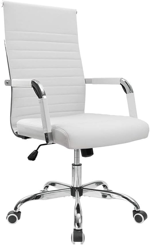 Furmax Ribbed Office Desk Chair Mid-Back PU Leather Executive Conference Task Chair Adjustable Swivel Chair with Arms (White)