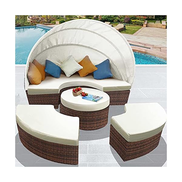 Garden Round Daybed Bed - Poly Rattan Sun Day Sectional Sofa Bed with Table and Canopy - Outdoor Patio Sofa Lounger Set - Modern Sunbed Lounge Furniture - Image 8