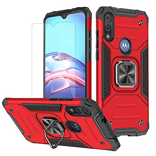 HNHYGETE for Moto E Phone Case, Motorola E Case, with HD Screen Protector, Shockproof Tough Rugged Hard Rubber Bumper with 360 Rotation Ring Kickstand Cases for Moto E 2020 (Red)