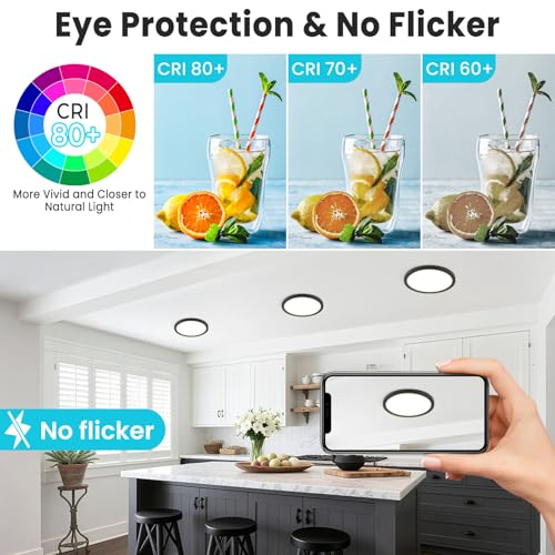 Image of libtit 7 inch Flush Mount LED Ceiling Light Fixture, 3000K-6500K Adjustable, 15W 1500lm Black Satin Round Ceiling Lamp for Bathroom Hallway Kitchen Bedroom, 6 Pack