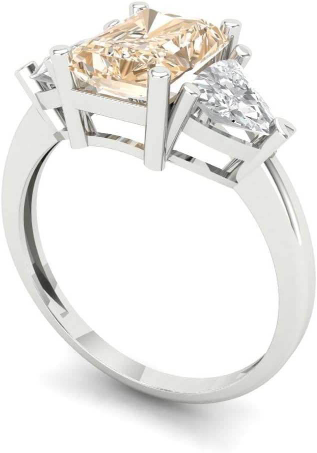 Clara Pucci 14K Solid Gold Engagement Ring for Women | 2.82 cttw Morganite Emerald Cut Three-Stone | Real White Gold Wedding Ring
