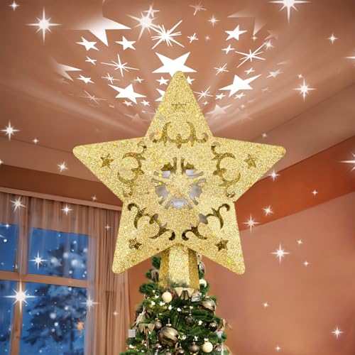 Christmas Star Tree Topper with Rotating LED Projector Lights, 3D...