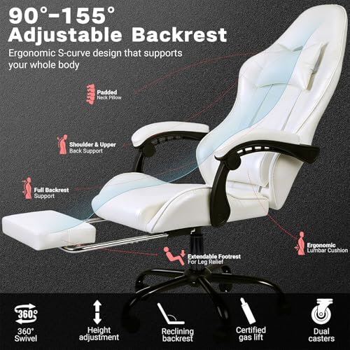 Image of Gaming Chair, Ergonomic Computer Chair with Footrest and Lumbar Support, Height Adjustable Office Chair with 360 Swivel Seat and Headrest (White)