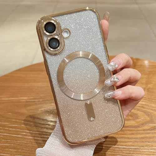 Image of Misscase for iPhone 16 Magnetic Glitter Case Compatible with MagSafe,Camera Lens Protector Full Protection Elegant Anti-Scratch Dust-Proof Net Case Cover for iPhone 16 Gold