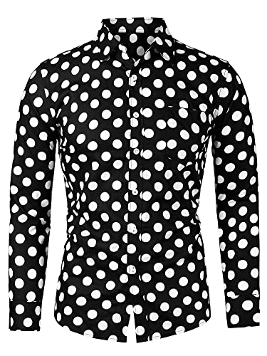 uxcell Chemise à Manches Longues pour Homme Imprimé à Pois, Noir/Blanc, Taille L