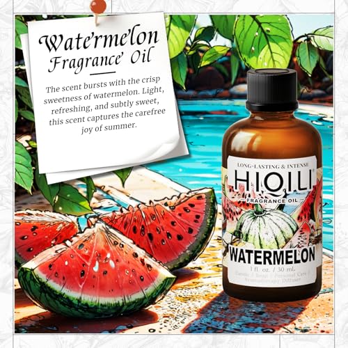 Image of HIQILI Watermelon Fragrance Oil for Diffuser, Candle & Soap Making | DIY Fruity Perfume, Add to Bath Bombs, Long-Lasting Scented, Skin Care - 1 Fl Oz / 30 ML