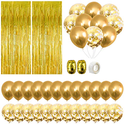 Decoraciones Fiesta de Cumpleaños Oro, 24 Globos Látex Fiesta de Confeti, 3ft x 8ft Cortina Papel de Aluminio Flecos con Cintas Metaílicas, Pegamento Globos para Niñas,Bodas,Aniversarios,Baby Shower