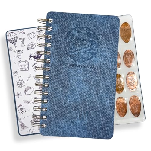 Spiral Penny Notebook by Pennybandz® – Pressed Penny Album Holds 224 Souvenir Coins | Lays Flat for Easy Viewing | Archival Quality Storage for Collectors (Denim Journey)