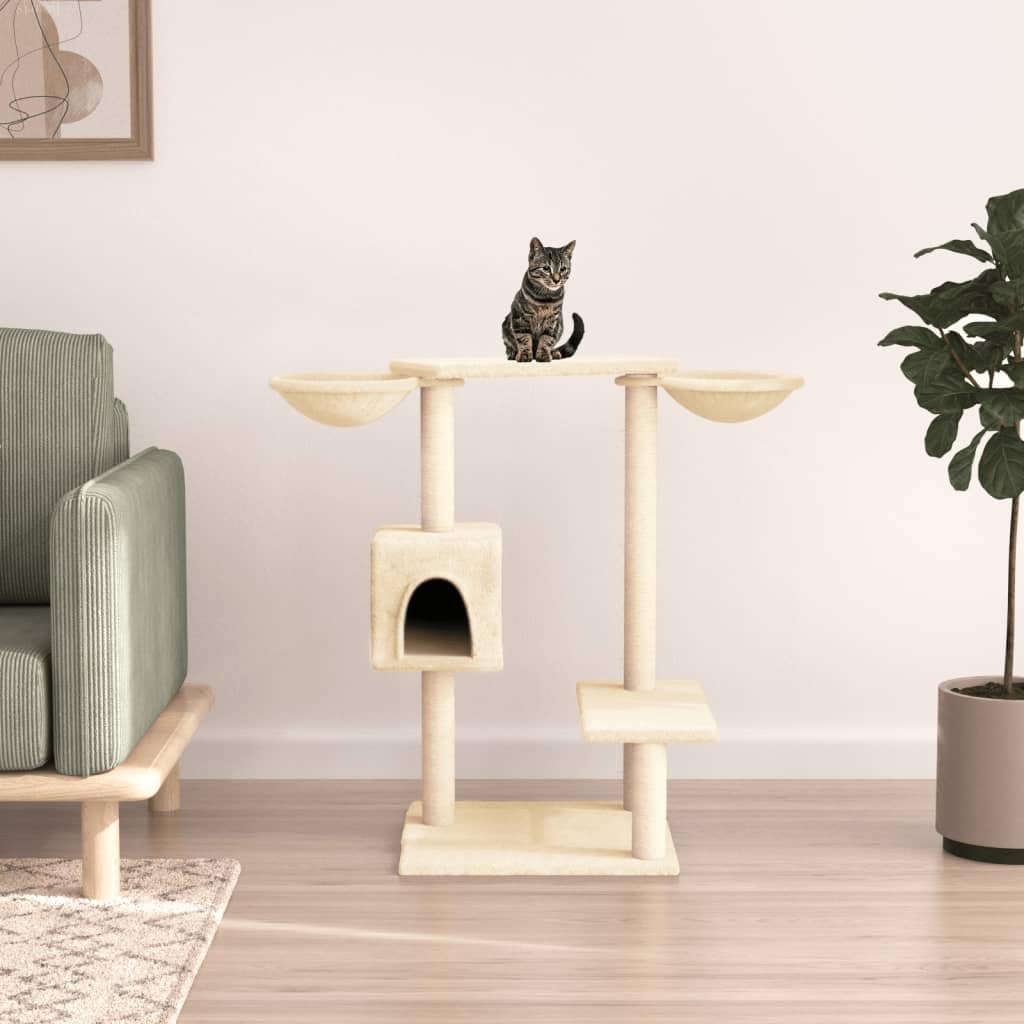 Kratzbaum 82 cm hoch Katzenbaummit 2 Katzenhäusern Creme | Mehrstufiger Spielturm aus Holzwerkstofffür das Wohnzimmer mit Sisal-Kratzsäulen und Liegemulden.
