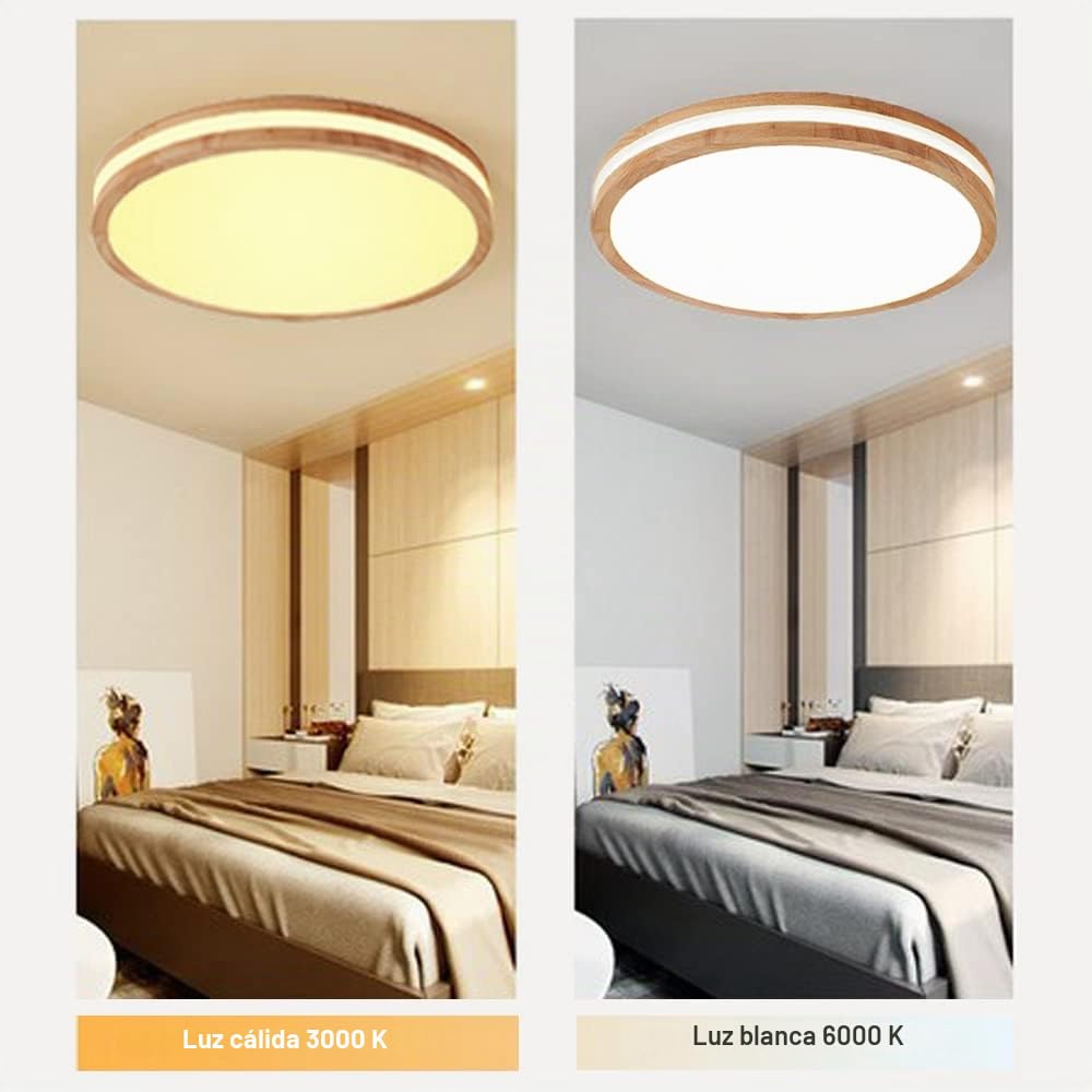Lámpara de Techo LED Moderna 24W Redonda Plafón de Madera Luce Blanca 6000K LED Lámpara de Techo Interior para Salón Cocina Pasillo Comedor, Ø30cm