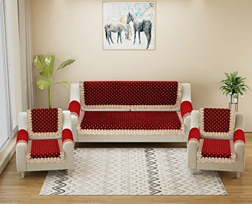 Image of Premium Velvet Sofa Cover Set of 5 Seater -with Arm Covers, 3,1,1 Seater 16 Pieces Sofa Back Slip Panels - Heavy Fabric Sofa Slip Protector with Back Covers, Maroon (Pack of 12)