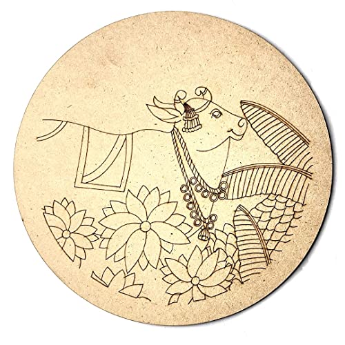 Image of Adikala Pichwai Cow & leaf Motifs MDF Engraved Design Wall Plate Base with Frame Cutout for DIY Craft