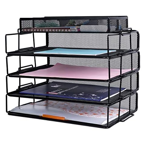 Exerz Wire Mesh Desk Organizer 5 Pieces Pack - 4-Tier Stackable Paper Sorter with Accessories Organizer 3 Compartments/Multifunctional/File Holder for Office, School, Study, Space Saver - Black Cover