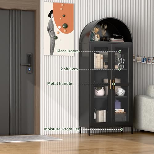 Image of 73-Inch Metal Arched Curio Cabinet with Motion Sensor LED Lights | Black metal cabinet with glass doors, 2 adjustable shelves and 3 motion-sensor LED strips; assembly required.