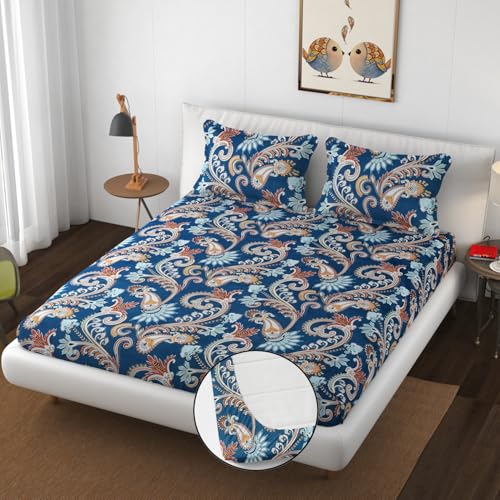 Image of Premium Heavy Cotton Elastic Fitted Bedsheets with 2 King Size Pillow Covers || Double Bed with All Around Elastic 350 TC || 72 x 78 x 10 Inch King Size Fitted || - Blue Jaipuri