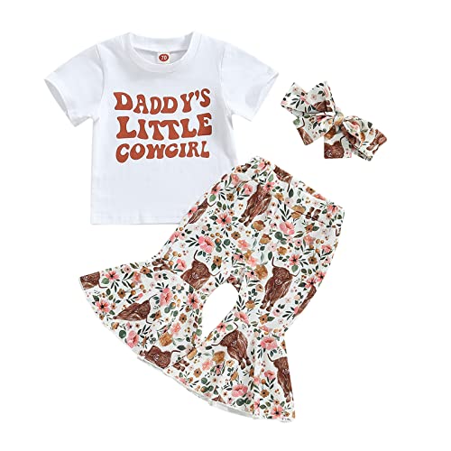 Image of Western Baby Girl Clothes Bell Bottom Outfit Letter Print Short Sleeve T-Shirt Top Cow Flare Pants Set Cowgirl Outfits (Daddy's Little Cowgirl, 6-12 Months)