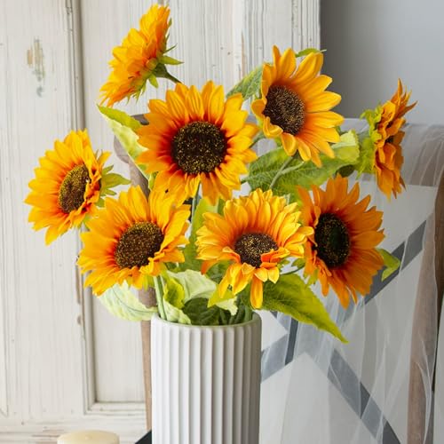 HNVNER 10pcs Artificial Sunflowers Single Stem Silk Fake Flowers for Wedding Party Indoor Home Decoration