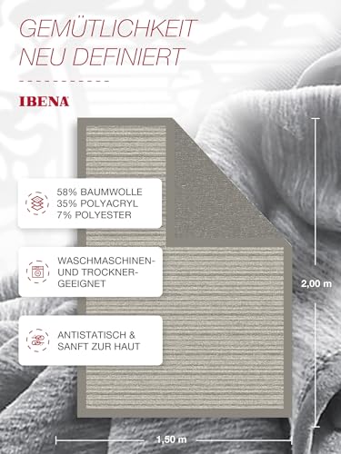 Ibena Fano Kuscheldecke 150x200 cm – Wohndecke grau hellgrau, tolle Wendedecke aus hochwertiger Baumwollmischung, kuschelweich und angenehm warm