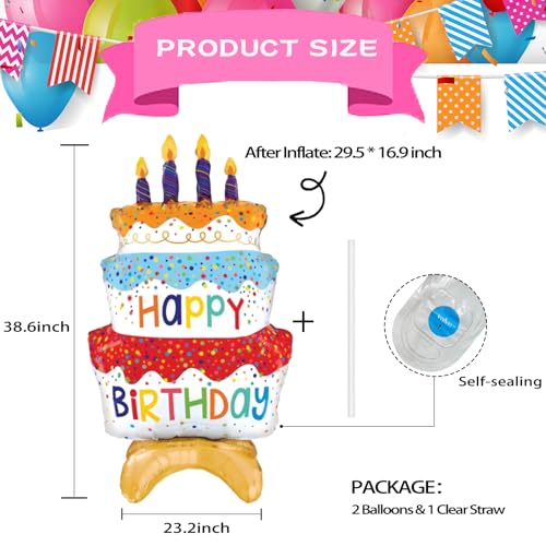Image of 2pcs 39 inch Happy Birthday Cake Foil Balloons, Giant Self-Standing Three Layer Birthday Balloons for Girls Boys Kids Baby Shower Birthday Party Supplies