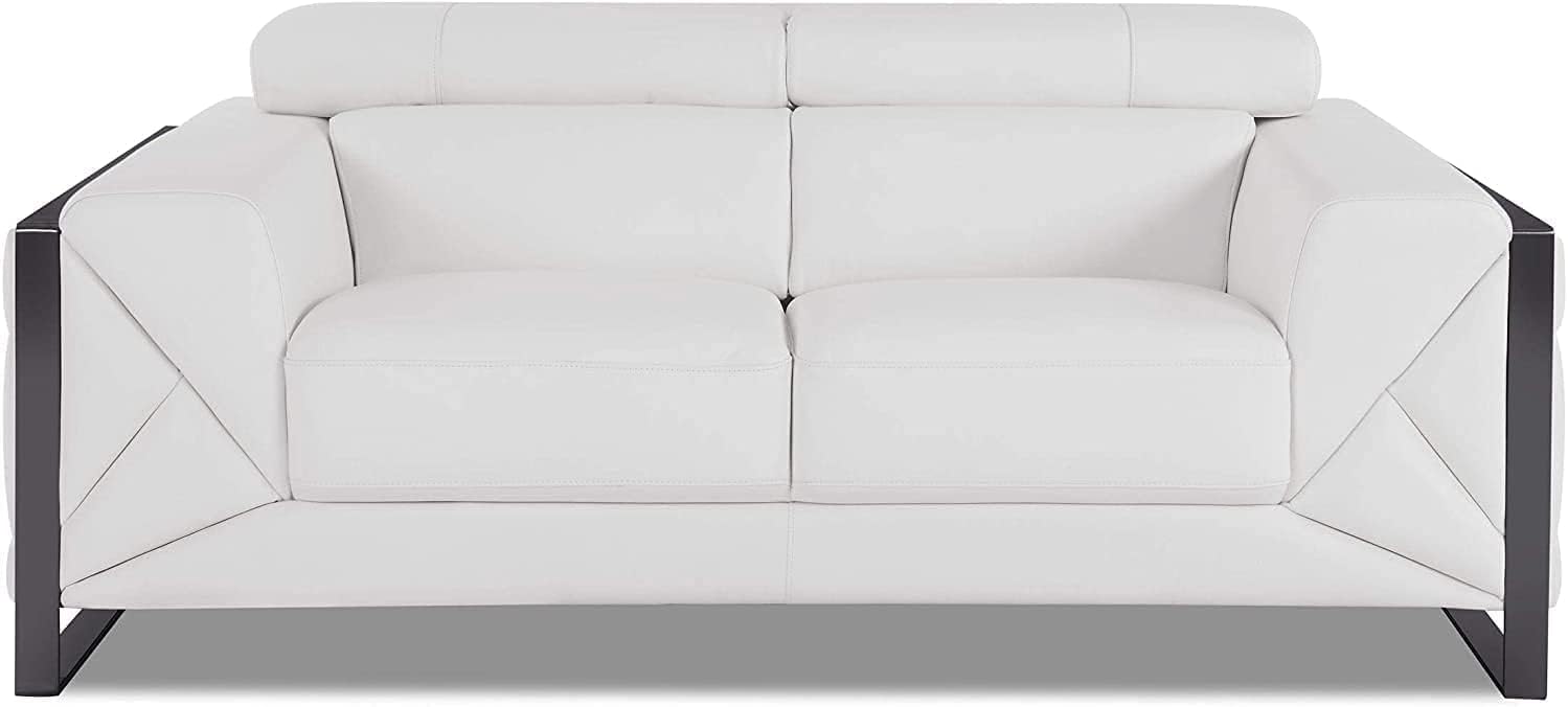 Blackjack Furniture Gianni Top Grain Italian Leather Loveseat with 9-Position Adjustable Headrests, Contemporary Geometric Pattern, Chrome Hardware & Durable Hardwood Frame, Snow White