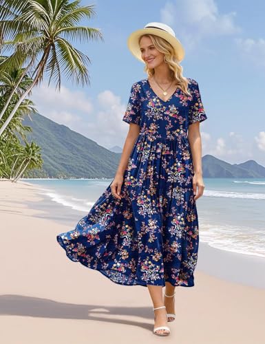 Image of YESNO Women's Summer Maxi Dresses Casual Floral Short Sleeve V Neck Boho Beach Vacation Swing Dress with Pockets EVF