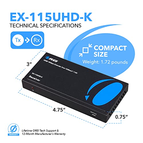 Image of Orei HDBaseT 4K 60Hz HDMI Extender Over Cat5e /6 Ethernet LAN Cable - Up to 115 Ft - IR, CEC, RS-232, PoC