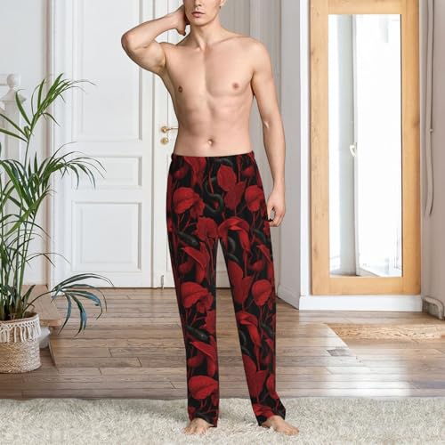 Mens Pajama Pants - Black Snake Red Flower Print Soft Sleep Lounge Pants For Men, Casual Pj Bottoms With Pockets2