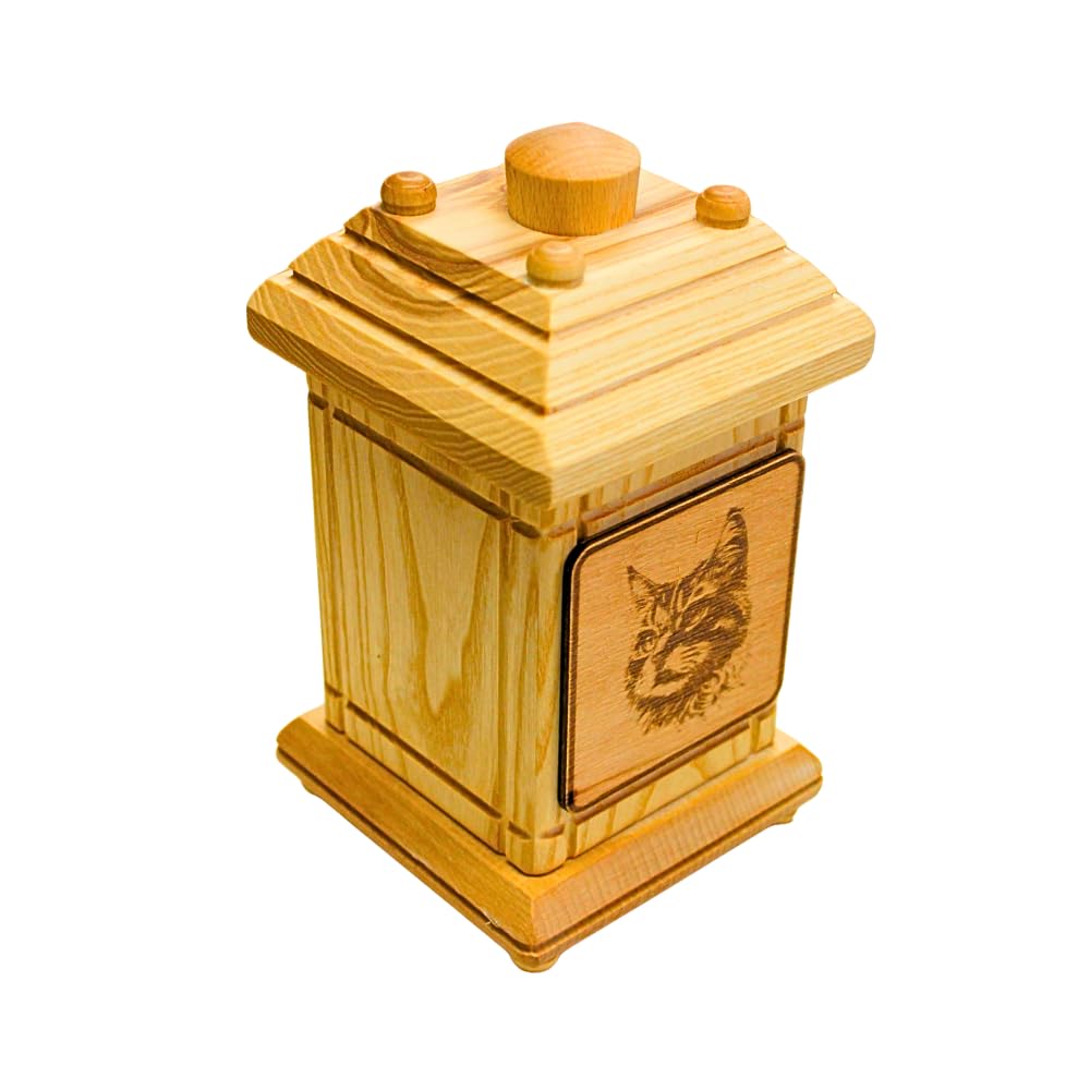 Würdevolle schlichte Tierurne, Urne für Katzen, Andenkurne Katze, Katzenandenken, Aschebox für Katzen, Andenkbox, Holzurne groß, Urne mit Katzenmotiv aus massivem Buchenholz, L/B/H 12 x 12 x 20 cm.