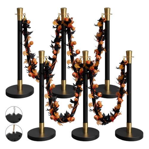Image of 6 Pack Halloween Black&Gold Stanchions and Velvet Ropes Set, Stainless Steel Crowd Control Barriers, 4Pcs Black Ropes and Poles for Party Supplies,Photobooth Accessories, Prom,Halloween Decorations