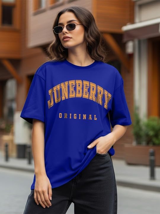 Image of JUNEBERRY Pure Cotton Oversized Drop Shoulder Brand Logo Typography Print Round-Neck Baggy Fit T-Shirt for Women (Available in Navy, Green & Pink Colors)