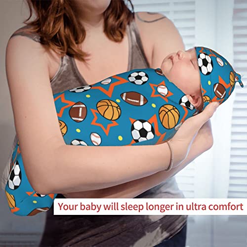 Image of Basketball Football Baseball Soccer Newborn Swaddle Blanket with Hat Sets Newborn Receiving Blanket for Boy Girl Swaddle Sack Shower Infant Gift