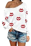 Women's Red Lips Print Scoop Neck Long Sleeve Off The Shoulder Star Sweater White XL