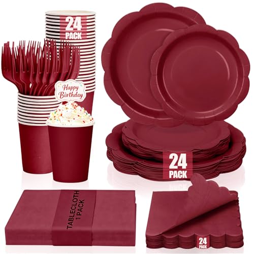 Burgundy Plates and Napkins for 24 Guests 9 Disposable Scalloped Paper Plates and 7 Maroon Dessert Cake Plates Tableware Set Party Supplies for Birthday Party Decorations Mothers Day Wedding