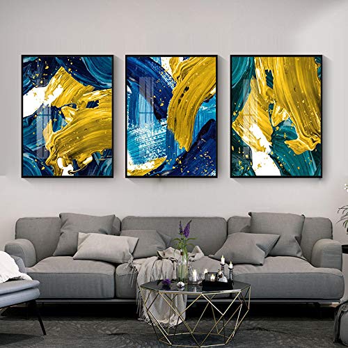 Tableau triptyque abstrait bleu et jaune 70x100 cm sans cadre pour salon