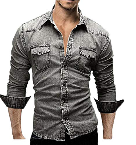 Heren Denim Stonewash Klassiek Western Overhemd, Heren Jeans Jean Overhemd Normale Kraag Parel Studs Zakken Stretch