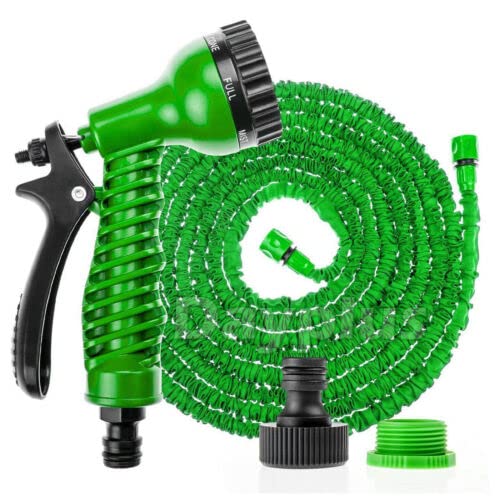 100 Feet Expandable Garden Hose Flexible Expanding Garden Hosepipe Reel with 3/4", 1/2" Fittings, Outdoor Magic Water Pipe with 7 Function Spray Gun for Washing Car/Watering Flowers/Vegetables