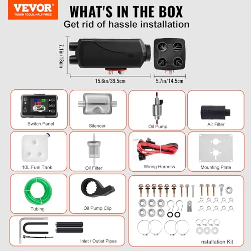 Image of VEVOR Diesel Air Heater 8KW with Muffler, 12V 10L Tank for Boats, Buses, RVs, and Trailers. Includes 8000W Heating Power and LCD Monitor