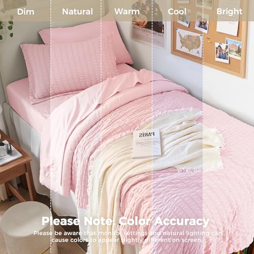 Image of HYMOKEGE Pink Twin XL Comforter Set Seersucker 5 Pieces, All Season Luxury Bed in a Bag for Bedroom, Bedding Set with Comforter, Sheets, Pillowcase & Sham