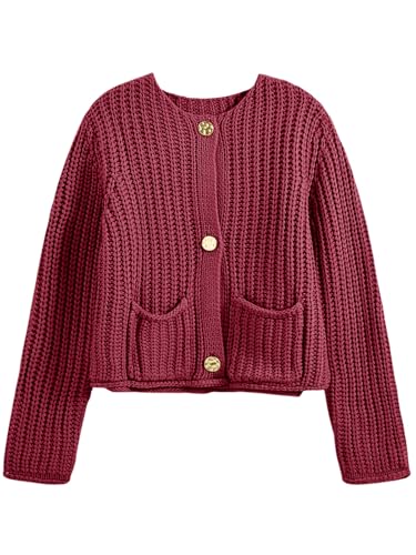 Saodimallsu Womens Button Up Sweaters Fall Chunky Knit Cropped Trendy Crewneck Loose Cardigan with Pockets