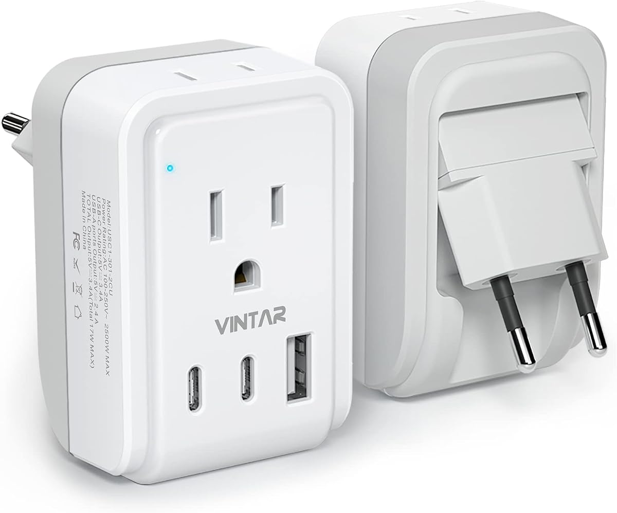 VINTAR 1 paquete de adaptador de enchufe de viaje europeo, enchufe plegable tipo C a Europa | 2 salidas de CA 3 puertos USB (2 USB C), adaptador de corriente internacional para EE. UU. a la mayoría de la UE Euro Italia España Francia, artículos básicos de viaje