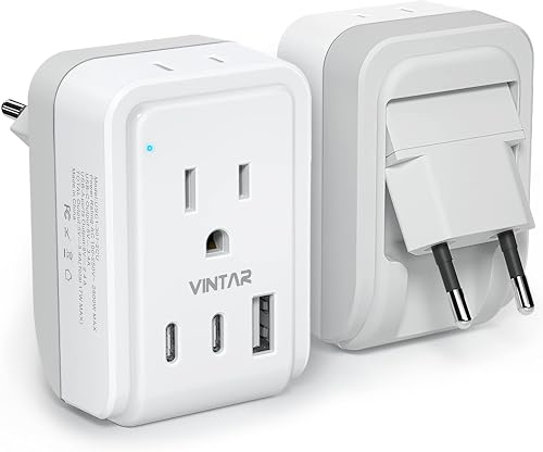 VINTAR 1 Pack European Plug Adapter, Foldable Type C Converter for Europe | 2 AC Outlets, 3 USB Ports (2 USB C), International Travel Essentials Charger for Canada to Europe Italy Greece Spain France