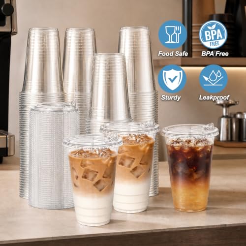 Image of Ginkgo 100 Pack 24 oz Clear Plastic Cups with Strawless Sip Lids