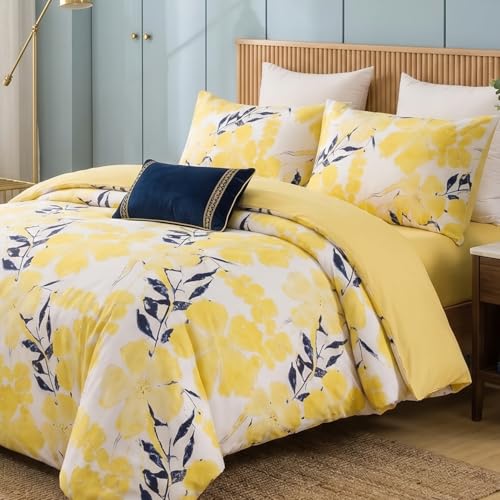 Tache Contemporary Watercolor Floral Duvet Cover Set – Bright Yellow Tropical Botanical Print, Soft Microfiber, Zipper Closure & Corner Ties, King Size