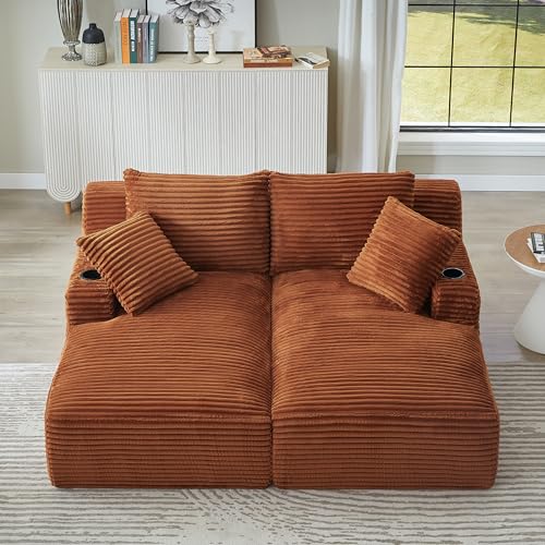 Image of KEIKI Corduroy Double Chaise Lounge with Cup Holders, Sleeper Loveseat | Compressible Boneless Design, Spring-Padded Support and No Assembly Required for Home Offices, Studios and Movie Nights