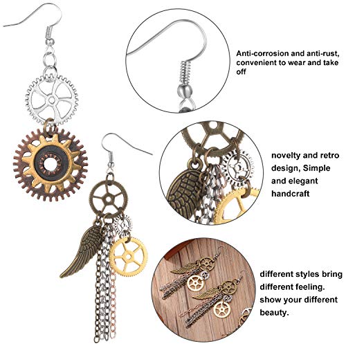Hicarer 8 Pairs Steampunk Earrings for Women Vintage Drop Gear Earrings Dangle Antique Clockwork Mix Tone Steampunk Accessories Steam Punk Jewelry for Women Halloween Cosplay 5