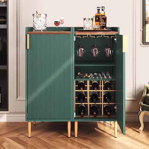 Image of ARTPOWER Mini Bar Cabinet for Apartment, Fluted Wine Bar Cart with Wine Racks & Wine Glass Holder, Modern Corner Liquor Cabinet for Living Room, Dining Room, Kitchen(Green)-2PCS