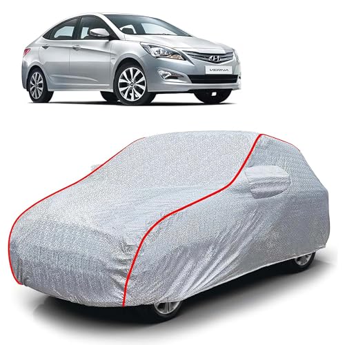 Image of Sulfar 100% Waterproof Car Body Cover Compatible with Mirror for Hyundai Fluidic Verna 4S (Triple Stitched, Full Bottom Elastic, Magic Silver with Red Piping)