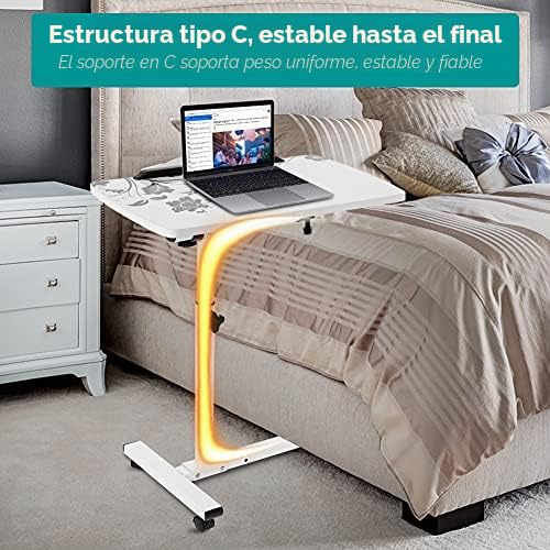 Ejoyous Mesa Auxiliar para Ordenador Portátil Con Ruedas - Forma de C, Altura Regulable, Mesa de Café Con Marco de Metal